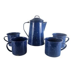 VT Enamelware Blue White Speckled Coffee Pot & 4 Mugs Set
